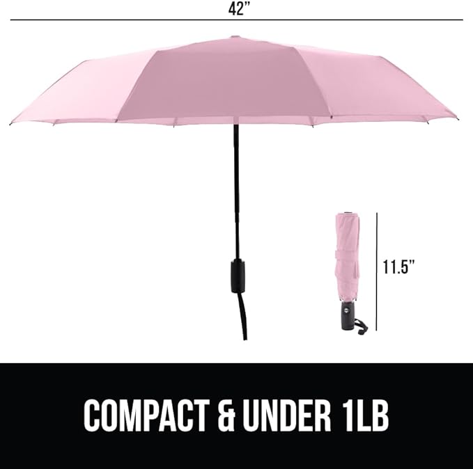 GORILLA GRIP Strong Stick Umbrella for Rain, Compact Travel One-Click Automatic Open Close, Lightweight, Portable, US Designed Reinforced Fiberglass Ribs, Wind Resistant, Easy Collapse, Pink