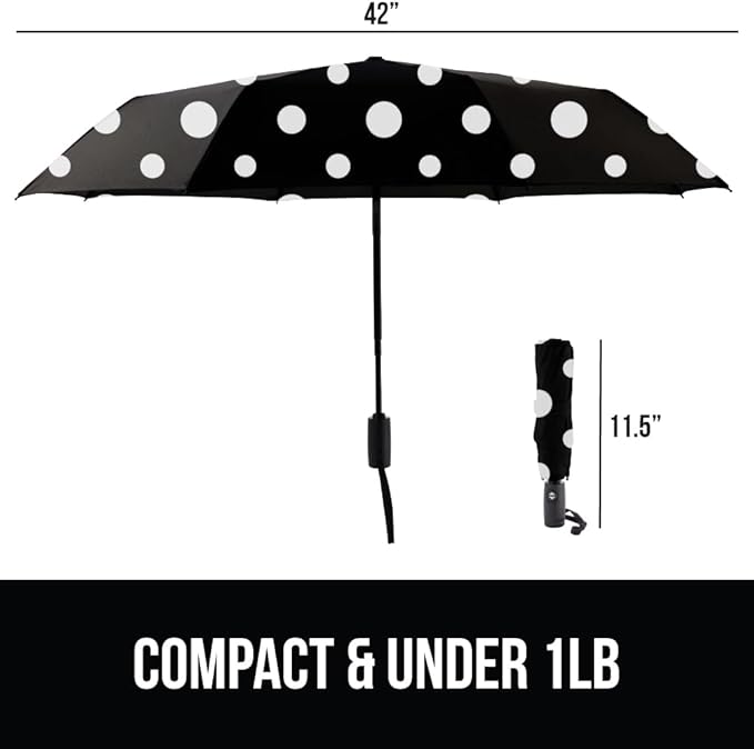 GORILLA GRIP Strong Stick Umbrella for Rain, Compact Travel One-Click Automatic Open Close, Lightweight, Portable, US Designed Reinforced Fiberglass Ribs, Wind Resistant, Easy Collapse, Polka Dots