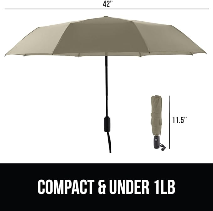 GORILLA GRIP Strong Stick Umbrella for Rain, Compact Travel One-Click Automatic Open Close, Lightweight, Portable, US Designed Reinforced Fiberglass Ribs, Wind Resistant, Easy Collapse, Beige