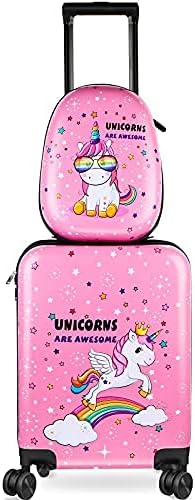 Weewooday Kids Luggage and Backpack 18 Suitcase with Spinner Wheel Hard Case Travel 13 Backpack Girl Suitcase Set for Kids Travel Supplies(Pink,Unicorn Style)