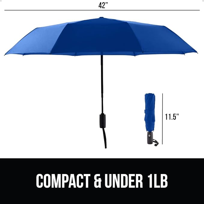 GORILLA GRIP Strong Stick Umbrella for Rain, Compact Travel One-Click Automatic Open Close, Lightweight, Portable, US Designed Reinforced Fiberglass Ribs, Wind Resistant, Easy Collapse, Navy