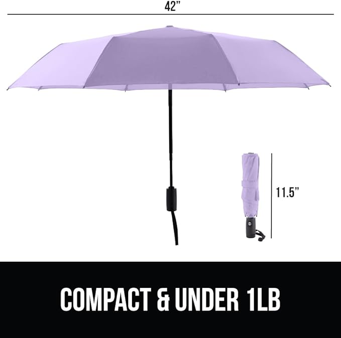 GORILLA GRIP Strong Stick Umbrella for Rain, Compact Travel One-Click Automatic Open Close, Lightweight, Portable, US Designed Reinforced Fiberglass Ribs, Wind Resistant, Easy Collapse, Purple