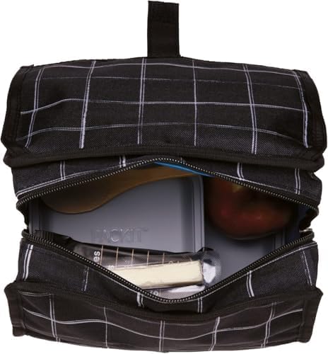 Packit® Freezable Lunch Bag, Black Grid, Built with ECOFREEZE® Technology, Foldable, Reusable, Zip and Velcro Closure with Buckle Handle, Designed for Work Lunch and Fresh Lunch On the Go
