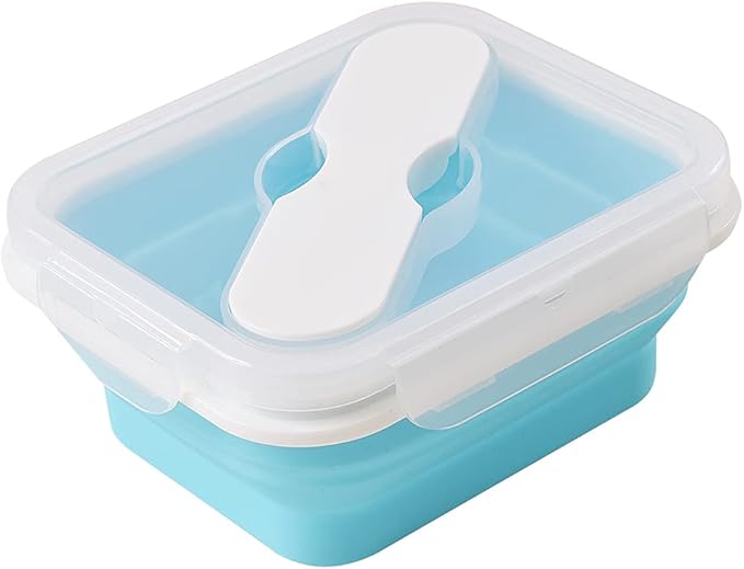 Silicone Lunch Container With Spoon & Fork, Bento Box, Collapsible Food Storage Container with Clip-on Lid, 20 Oz