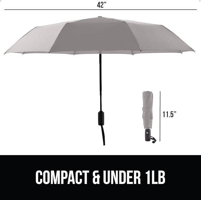 GORILLA GRIP Strong Stick Umbrella for Rain, Compact Travel One-Click Automatic Open Close, Lightweight, Portable, US Designed Reinforced Fiberglass Ribs, Wind Resistant, Easy Collapse, Gray