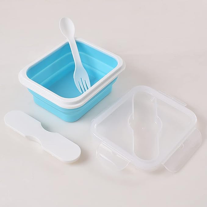 Silicone Lunch Container With Spoon & Fork, Bento Box, Collapsible Food Storage Container with Clip-on Lid, 20 Oz