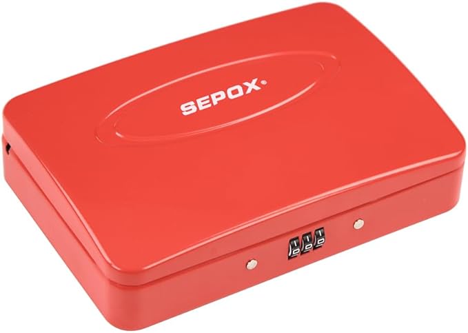 SEPOX® Twins Water/Fire-Resistant Portable Security Case Lock Box Steel, Personal Travel Storage Cabinet for Small Item,3 Ft Cable and Ressetable Combination Lock for Dorm, Car, Sports, Office（Red）