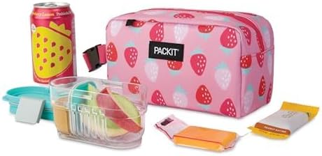 PackIt Freezable Snack Box, Sweet Strawberry, Built with ECOFREEZE Technology, Collapsible, Zip Closure with Buckle Handle, Designed For Work Snacks, Fresh Snacks On the Go, Adults, and All Ages