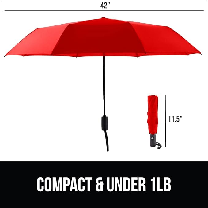 GORILLA GRIP Strong Stick Umbrella for Rain, Compact Travel One-Click Automatic Open Close, Lightweight, Portable, US Designed Reinforced Fiberglass Ribs, Wind Resistant, Easy Collapse, Red