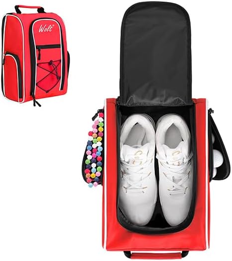 Wolt Golf Shoe Bag - Sports & Travel Shoes Carrier Bags with Ventilation & Double Outside Accessory Pocket for Socks, Tees, Golf Balls, etc. for women and men (Red)