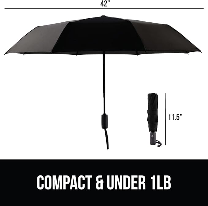 GORILLA GRIP Strong Stick Umbrella for Rain, Compact Travel One-Click Automatic Open Close, Lightweight Portable US Designed Reinforced Fiberglass Ribs, Wind Resistant Easy Collapse Black Green 2 Pack