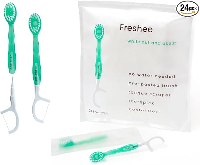 Freshee Bead -5 in 1 Disposable Mini Toothbrush with Refreshing Bead + Floss + Pick + Tongue Scraper | Travel Size | Individually Wrapped | Soft | Extra Minty | Travel Set