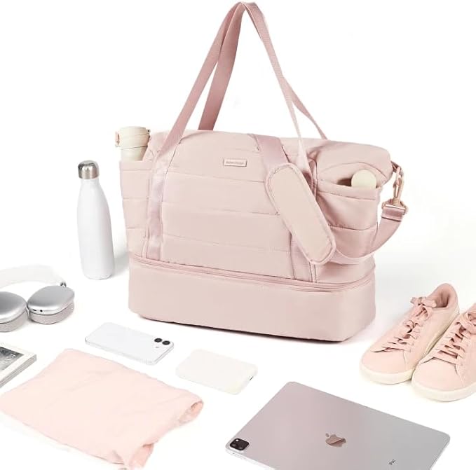 NISHEL Double-layer Weekender Bags for Women, Personal Item Duffle Bag with Shoes Compartment, Large Capacity Travel Bag, Overnight Luggage Bag with Pocket, Pink