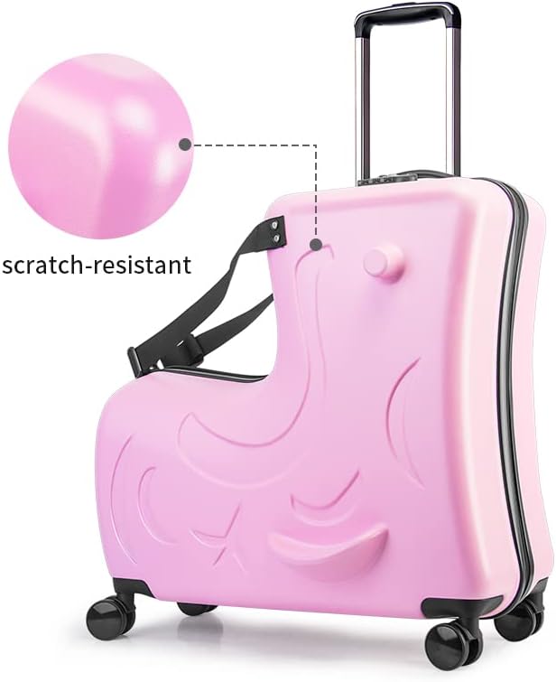 Hardside Ride on Kids Luggage with 4 Spinner Wheels for Girls and Boys,Rolling Childrens Travel Suitcase with Seat and Safety Belt for Toddler Ages 2-6,Verify Carry-on policy 21 Inch Pink