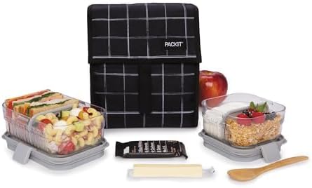 Packit® Freezable Lunch Bag, Black Grid, Built with ECOFREEZE® Technology, Foldable, Reusable, Zip and Velcro Closure with Buckle Handle, Designed for Work Lunch and Fresh Lunch On the Go