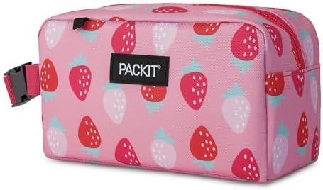 PackIt Freezable Snack Box, Sweet Strawberry, Built with ECOFREEZE Technology, Collapsible, Zip Closure with Buckle Handle, Designed For Work Snacks, Fresh Snacks On the Go, Adults, and All Ages