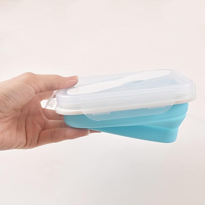 Silicone Lunch Container With Spoon & Fork, Bento Box, Collapsible Food Storage Container with Clip-on Lid, 20 Oz