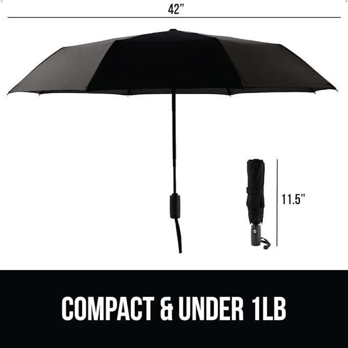 GORILLA GRIP Windproof Compact Stick Umbrella for Rain, Travel One-Click Automatic Open and Close, Strong, Lightweight, Stocking Stuffer, White Elephant Holiday Gift, Portable, Easy Collapsible, Black