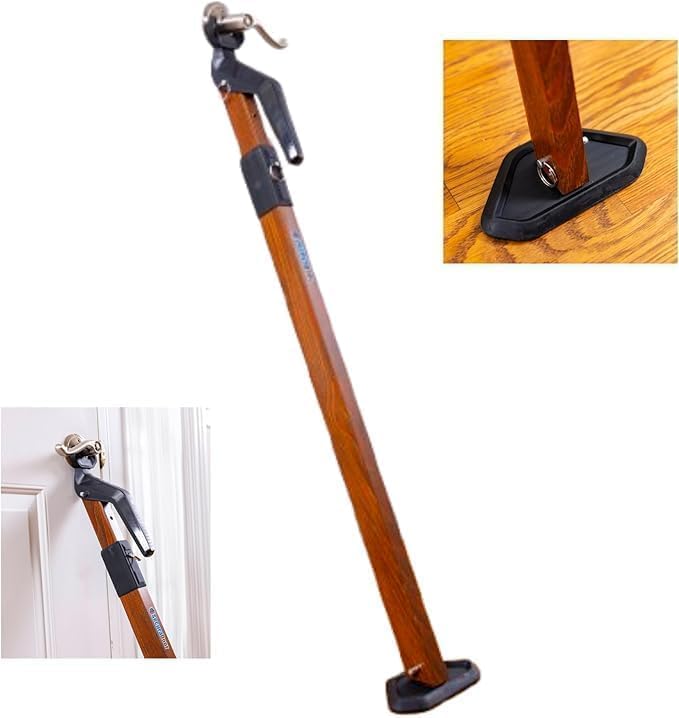 Super Heavy Duty Security Door Wood Grain Finish Lock Bar Fully Adjustable Door Stopper Device for Home Defense for Residential and Commercial Use to Protect Against Forced Entry
