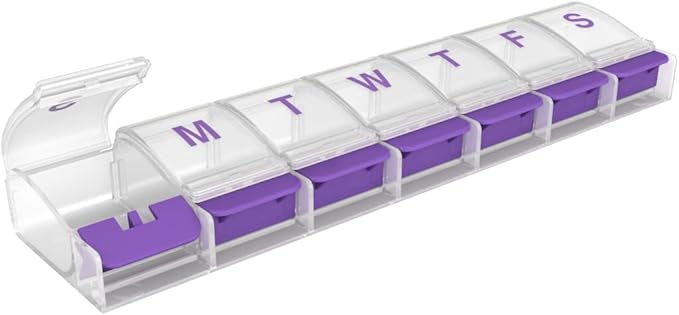EZY DOSE Pill Organizer Weekly (7-Day), Medicine Planner, Vitamin Case/Box, 2X-Large Push-Button Compartments, Easy to Use, Travel-Friendly, Purple, BPA Free