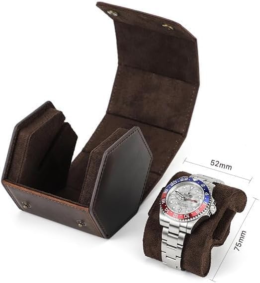 Genuine Leather Watch Roll Travel Case, Vintage Full Grain Leather Hexagon Watches Storage Organizer with Display Removable Pillows & Solid Dividers for Home Storage &Display (1 Slot)