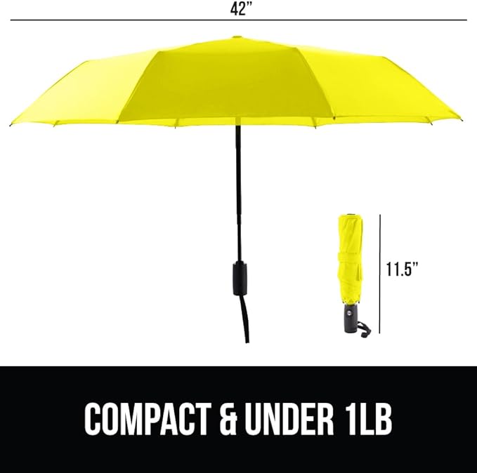 GORILLA GRIP Strong Stick Umbrella for Rain, Compact Travel One-Click Automatic Open Close, Lightweight, Portable, US Designed Reinforced Fiberglass Ribs, Wind Resistant, Easy Collapse, Yellow