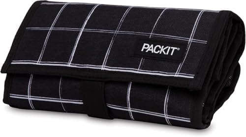 Packit® Freezable Lunch Bag, Black Grid, Built with ECOFREEZE® Technology, Foldable, Reusable, Zip and Velcro Closure with Buckle Handle, Designed for Work Lunch and Fresh Lunch On the Go