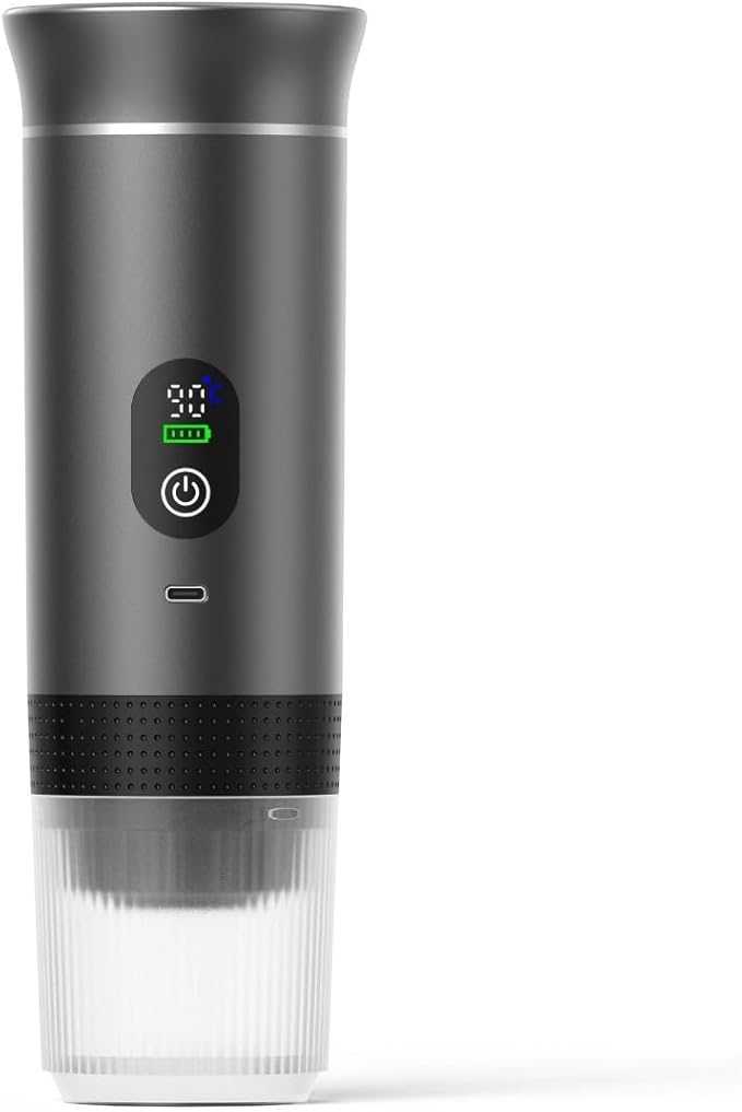 Portable Electric Coffee Maker, Digital Display, Compatible with Coffee Pods,Rechargeable Coffee Machine for Travel, Camping, RV,Home,Office (grey)