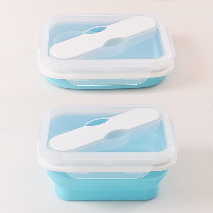 Silicone Lunch Container With Spoon & Fork, Bento Box, Collapsible Food Storage Container with Clip-on Lid, 20 Oz
