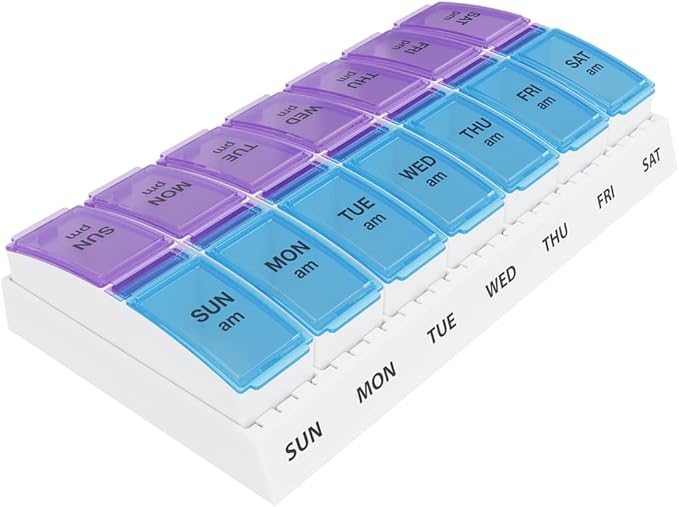 EZY DOSE Weekly (7-Day) AM/PM Pill Organizer, Vitamin and Medicine Box, Large Pop-out Compartments, 2 Times a Day, Blue and Purple Lids