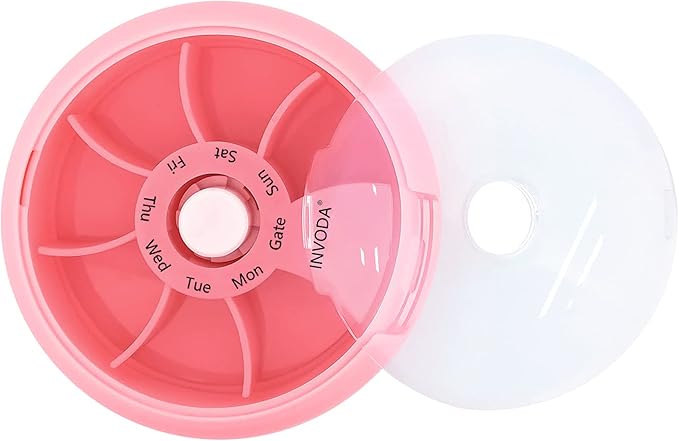 INVODA Weekly Pill Organizer 7 Compartment Rotating Pill Box for Daily Medication & Vitamins - Portable Travel Pill Case Fish Oil Supplements Vitamins Organizer (Pink)