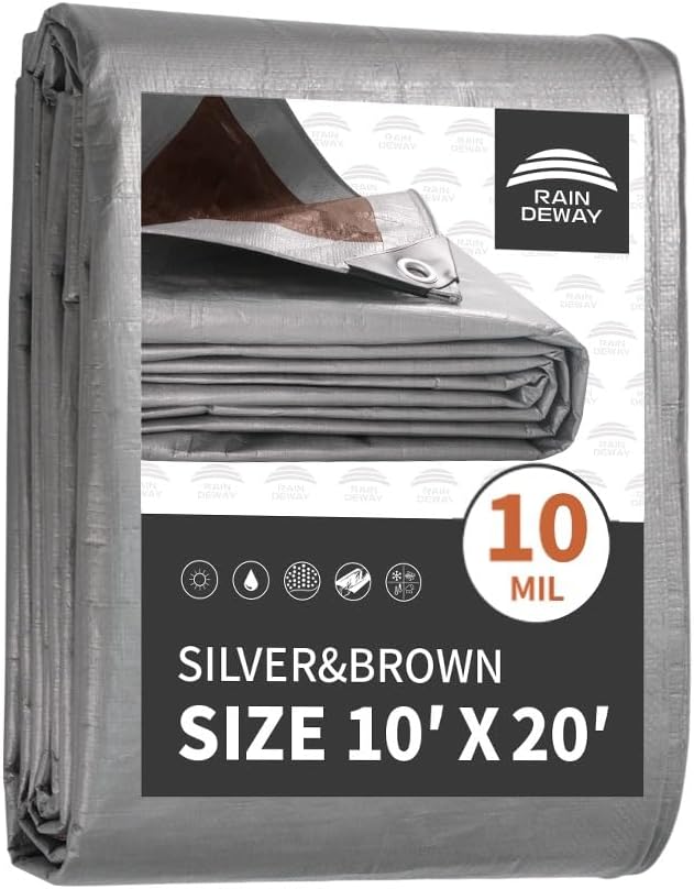 RAINDEWAY Tarps Heavy Duty Waterproof 10x20 Feet, 10Mil Multipurpose Poly Tarp Cover with Metal Grommets and Reinforced Edges, Silver/Brown Tarp by RAINDEWAY