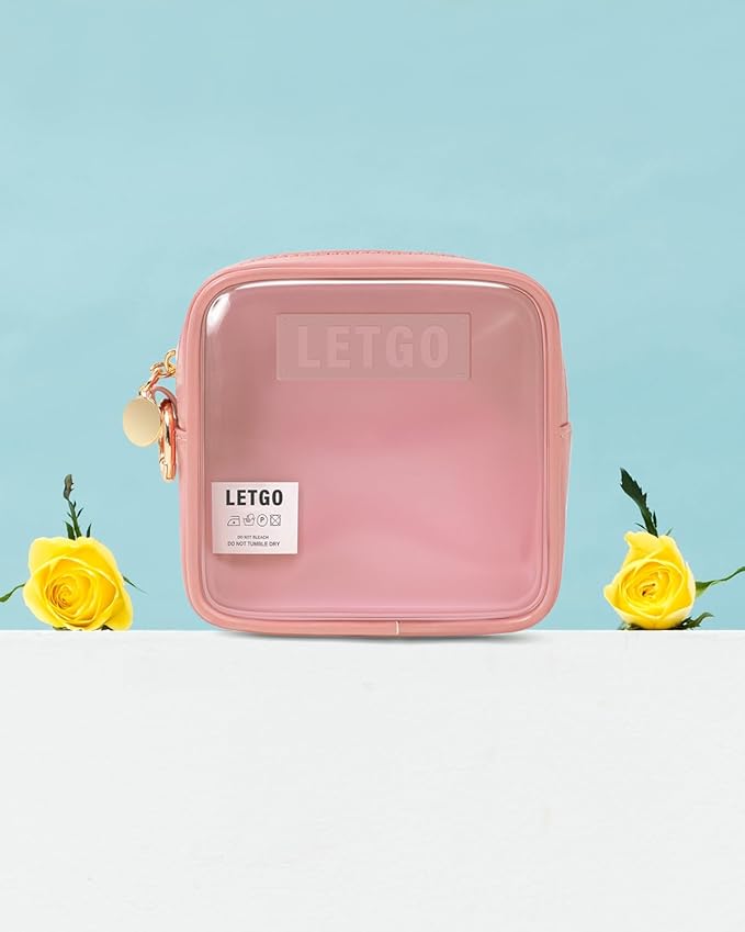 LETGO Mini Makeup Bag - Clear Toiletry Bag with Slip-in Pockets, Cute Cosmetic Essentials Pouch for Women, Pink Car Accessories for Girls(Mini Pink)