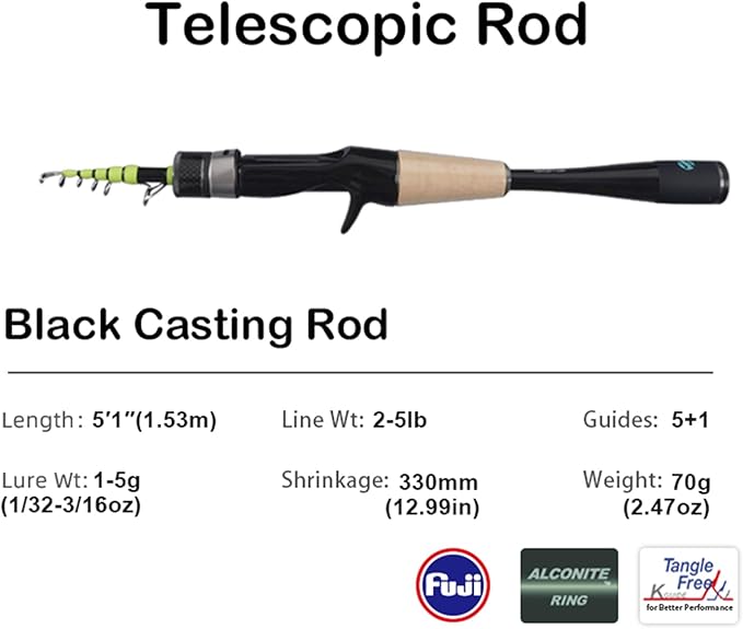 PURELURE Telescopic Fishing Rod Ultralight or Light, Carbon Fiber Rod Spinning & Casting, Fuji Alconite Ring and Reel Seat, One-Piece Mixed Carbon/4A Cork Handle, Spare Solid Tip, Portable Travel Rod