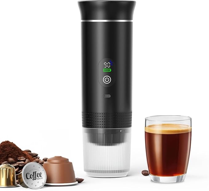 Portable Electric Coffee Maker, Digital Display, Compatible with Coffee Pods,Rechargeable Coffee Machine for Travel, Camping, RV,Home,Office (black)