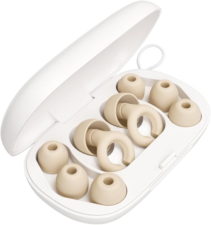 Ear Plugs, Reusable Soft Silicone Plugs with Horseshoe Shape for Comfort, Designed for Sleep and Loud Noises, 17dB (NRR) Noise Reduction Rating, Cream, 1 Pair with Portable Travel Case