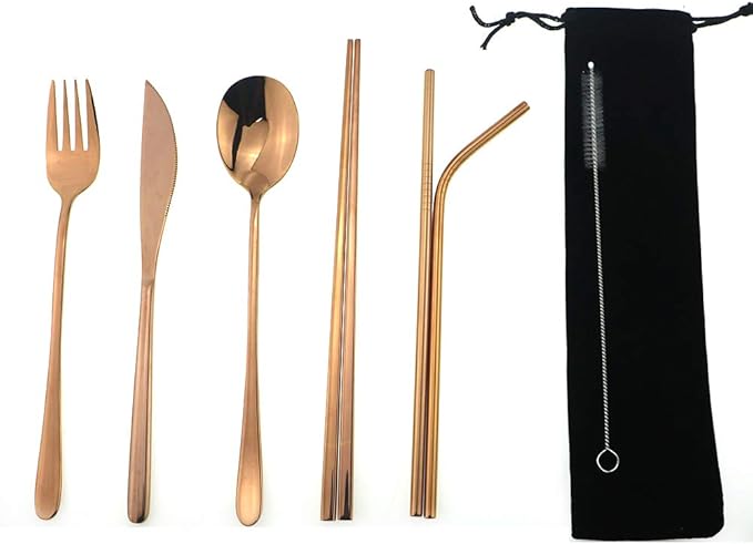 7 Pcs Portable Flatware Set, 304 Stainless Steel Cutlery Set Travel Utensils Set w/Pouch Fork Spoon Chopsticks Straws for Travel Camping Office School, Dishwasher Safe & Eco-Friendly (Rose Gold)