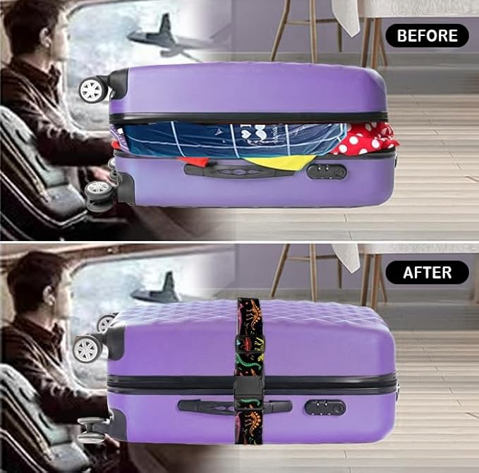 Luggage Straps for Suitcases Travel Belt Accessories, Cute Suitcase Strap, Adjustable Luggage Belt Strap, Heavy Duty with Quick-Release Buckle Luggage Strap Cute Colorful Dinosaurs
