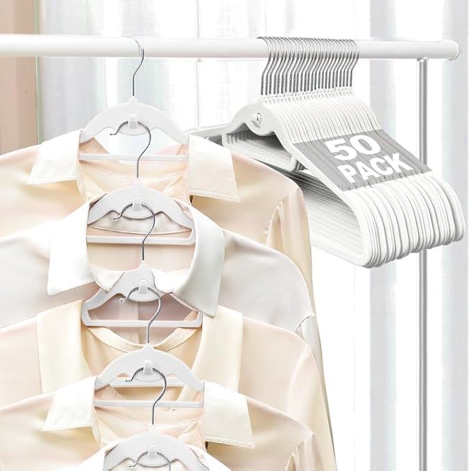 Velvet Felt Stackable Hangers 50 Pack, Non Slip, with 360°Swivel Hook, Ultra Thin and Space Saving for Suits, Shirts, Coats, 15Lbs Capacity Heavy Duty, White