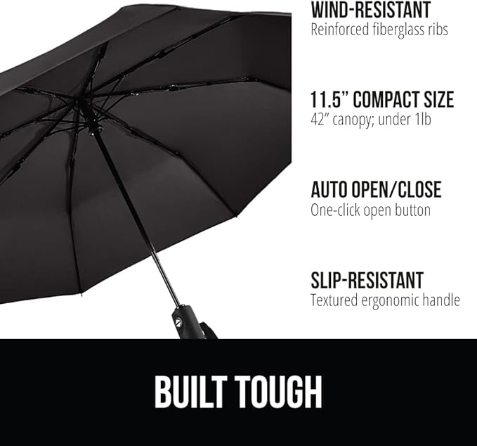 GORILLA GRIP Strong Stick Umbrella for Rain, Compact Travel One-Click Automatic Open Close, Lightweight Portable US Designed Reinforced Fiberglass Ribs, Wind Resistant Easy Collapse Black Green 2 Pack