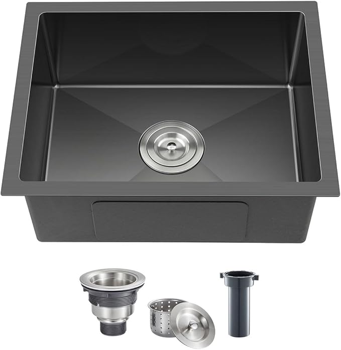 22 x 18 Inch Undermount Kitchen Sink, 18 Gauge Stainless Steel Handmade Single Bowl Kitchen Sink, 9 Inch Deep Bowl Bar Sink, Black