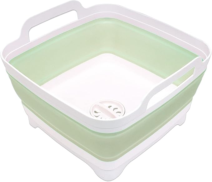 2.4 Gal(9L) Collapsible Dish Basin with Drain Plug - Multiuse Foldable Wash Basin for Baby Bottles, Space-Saving Multiuse Dish Tub, Kitchen Sink for Camping, Dishes Washing, RV (Green)