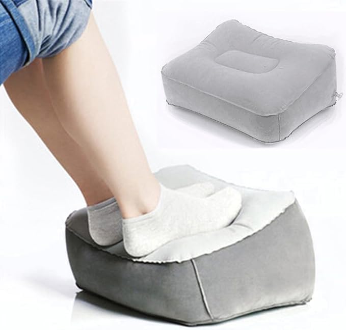 Inflatable Travel Foot Rest Pillow, Head Pad, Soft Flocking Pillow, Flights Relax Cushion Ottomans Leg Up with Air Pump for Office, Home Relax, Camping and Travel Use (Gray, 1 Pcs)