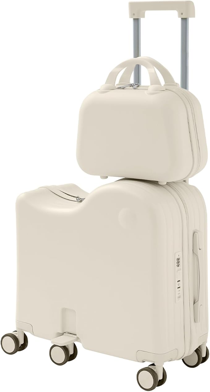 TABU Ride-on Luggage with Handbag for Kids，Hardshell Carry On Suitcase with Hidden Cup Holder, Foldable Pedal,Type-C & USB Interface, TSA Lock, 6-Spinner Wheels, White