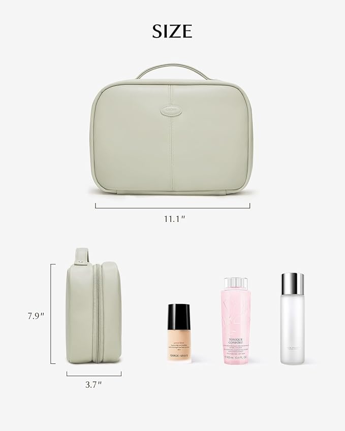 EACHY Toiletry Bag with Hanging Hook, Travel Makeup Bag PU Leather Cosmetic Bags for Women Make Up Organizer with 4 Compartments Waterproof Full-Size Portable Travel Essentials (Fog Green，Pro)