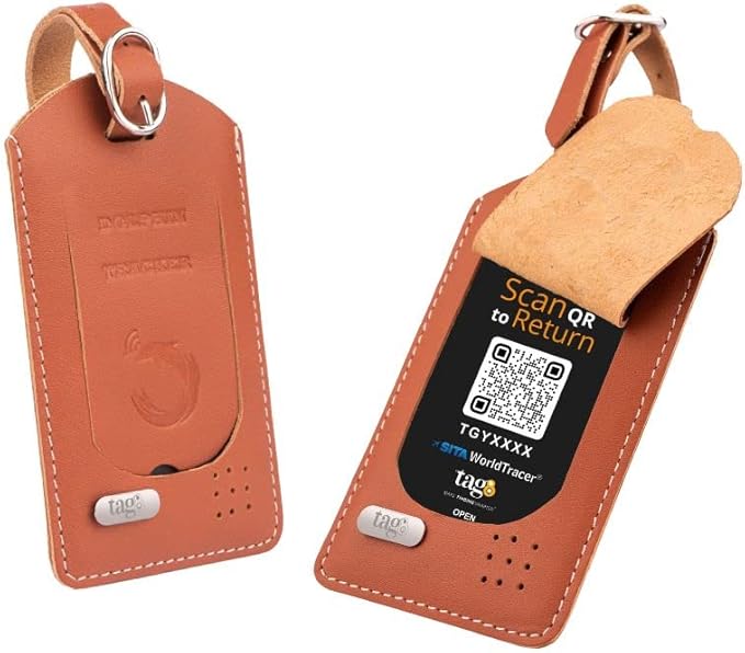tag8 - Dolphin Smart Luggage Tracker for Suitcase, Backpack and More, Android and iOS Compatible, Genuine Leather BLE-Enabled Tracker Tag, Alternative to GPS Tracker, 2 Pieces, Tan