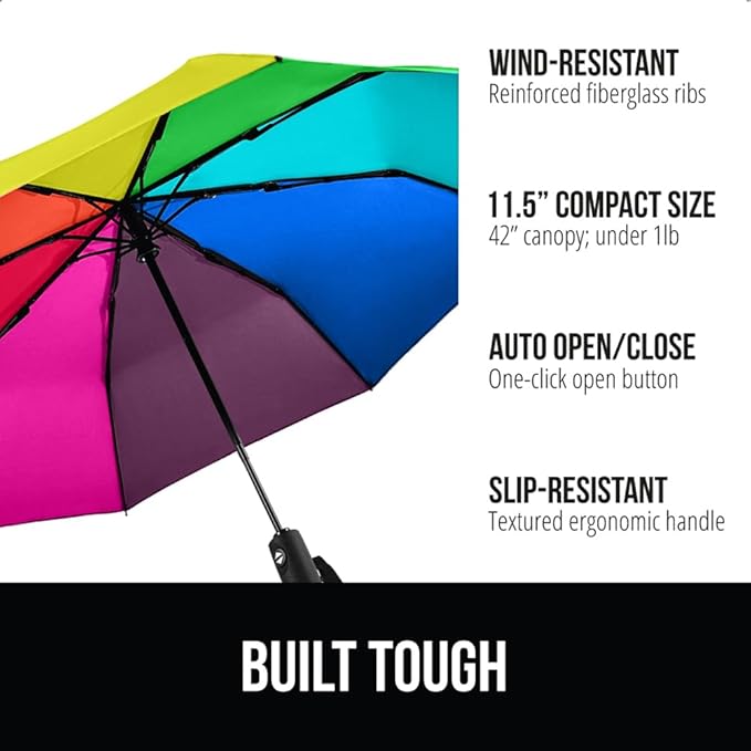 GORILLA GRIP Strong Stick Umbrella for Rain, Compact Travel One-Click Automatic Open Close, Lightweight, Portable, US Designed Reinforced Fiberglass Ribs, Wind Resistant, Easy Collapse, Rainbow