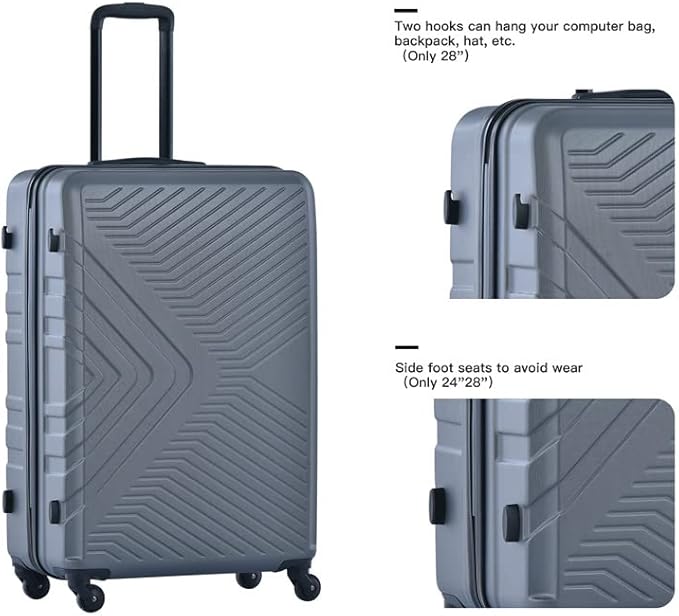 Campfun 3 Piece Luggage Sets, Hardshell ABS Luggage with TSA Lock, Carry On Suitcase Sets Lightweight Durable with 2 Hooks & Spinner Wheels, 20in/24in/28in - Grey(C)