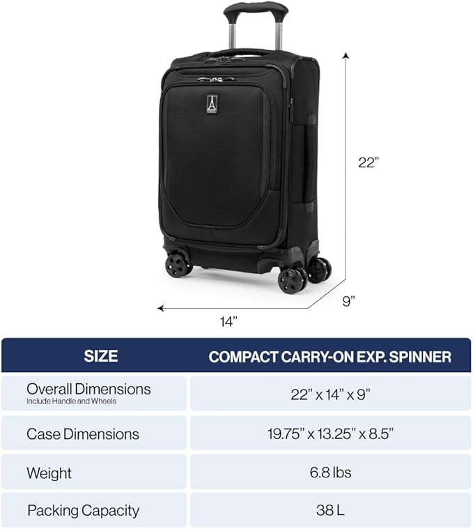 Travelpro Crew Classic Lightweight Softside Expandable Carry on Luggage, 8 Wheel Spinner Suitcase, Men and Women, Compact Carry On 20-Inch, Titanium Grey