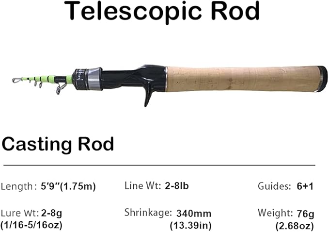 PURELURE Fishing Rod Telescopic, Carbon Fiber Spinning Casting Travel Rod, Spare Solid Carbon Tip, 3A Cork Handle, ABS Metal Reel Seat, Floating Guide Ultralight Portable Fishing Pole